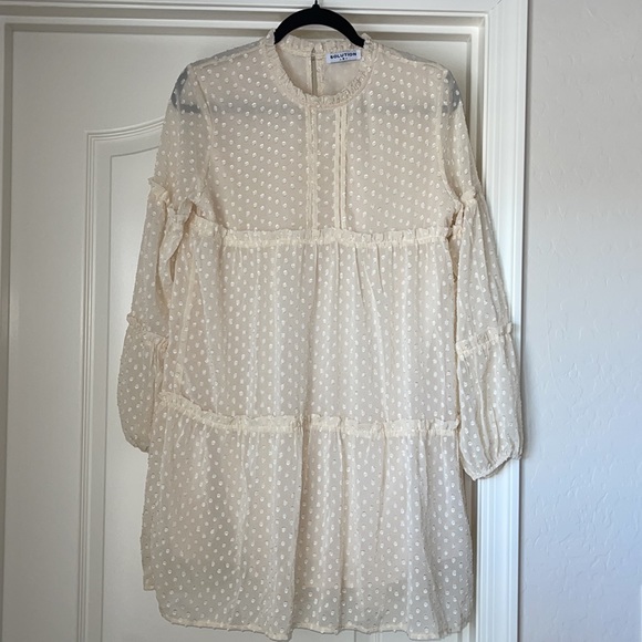 SOLUTION Cream off white Swiss Dot Babydoll Dress long sleeve ruffled edges Sz S - Picture 7 of 14